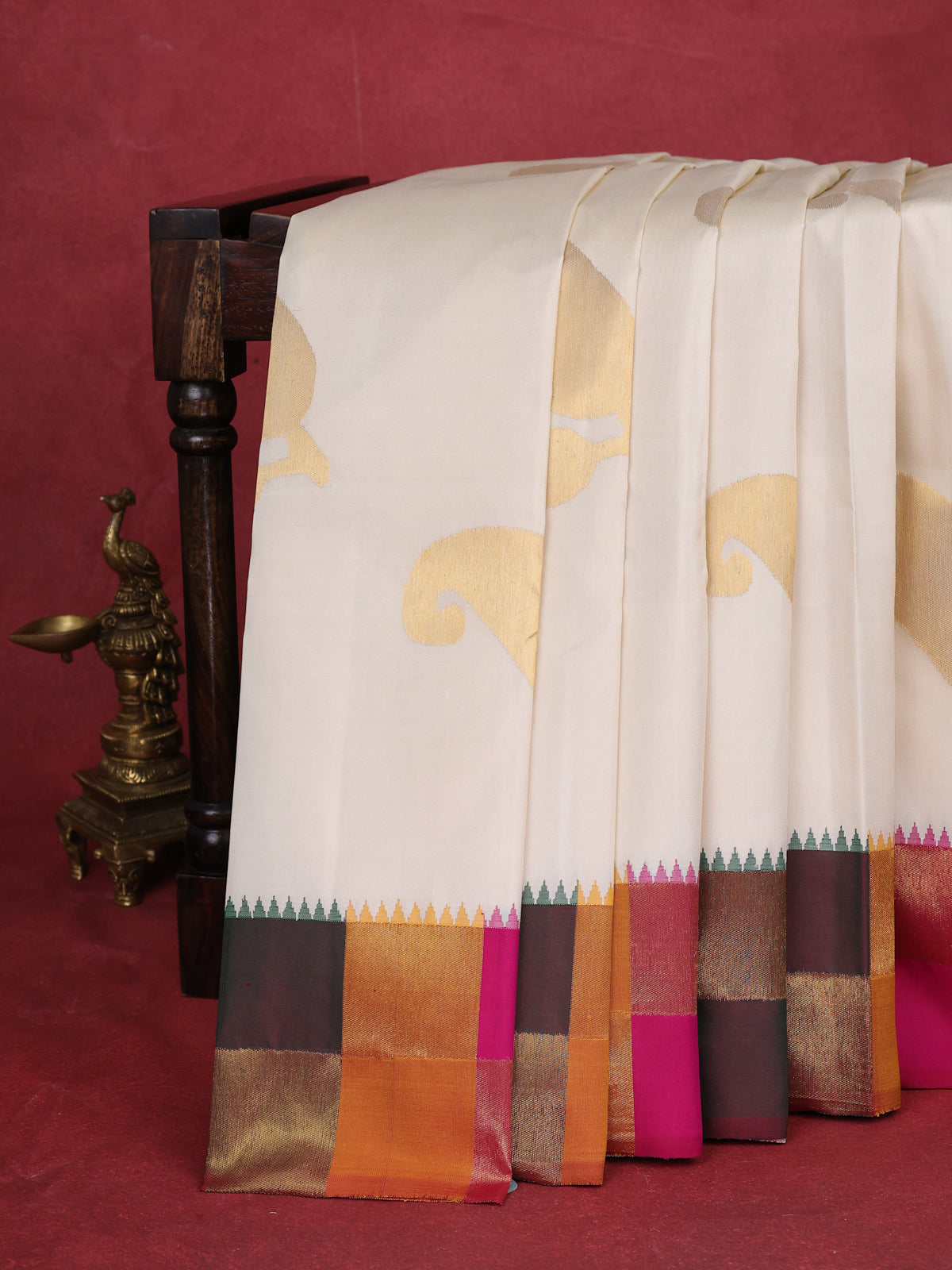 Off White-Multi Colour Pure Kanchipuram Silk Saree
