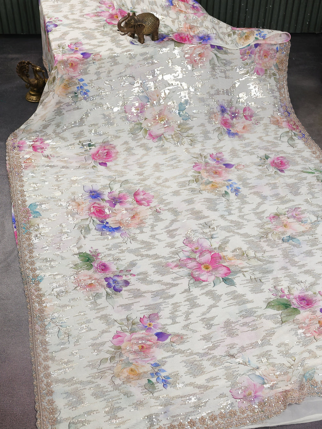 Off White Georgette Sequin Work Saree