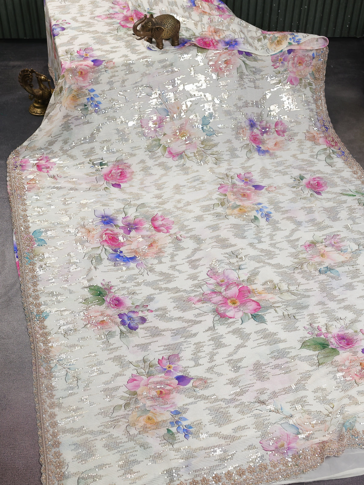 Off White Georgette Sequin Work Saree