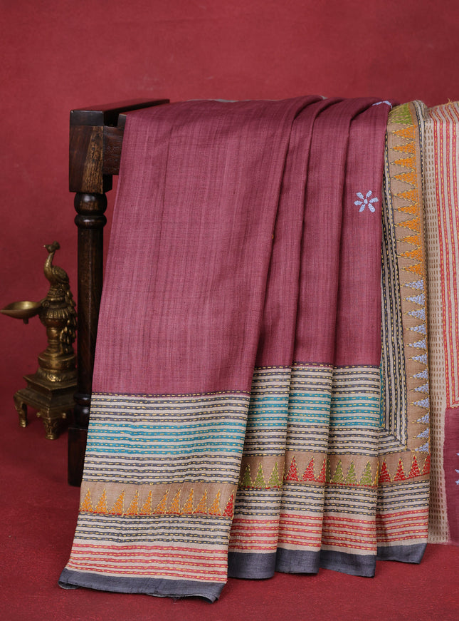 Beige-Maroon Shade Tussar Silk Saree