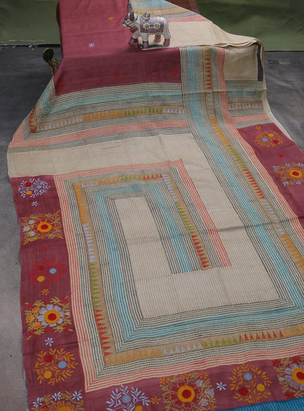 Beige-Maroon Shade Tussar Silk Saree