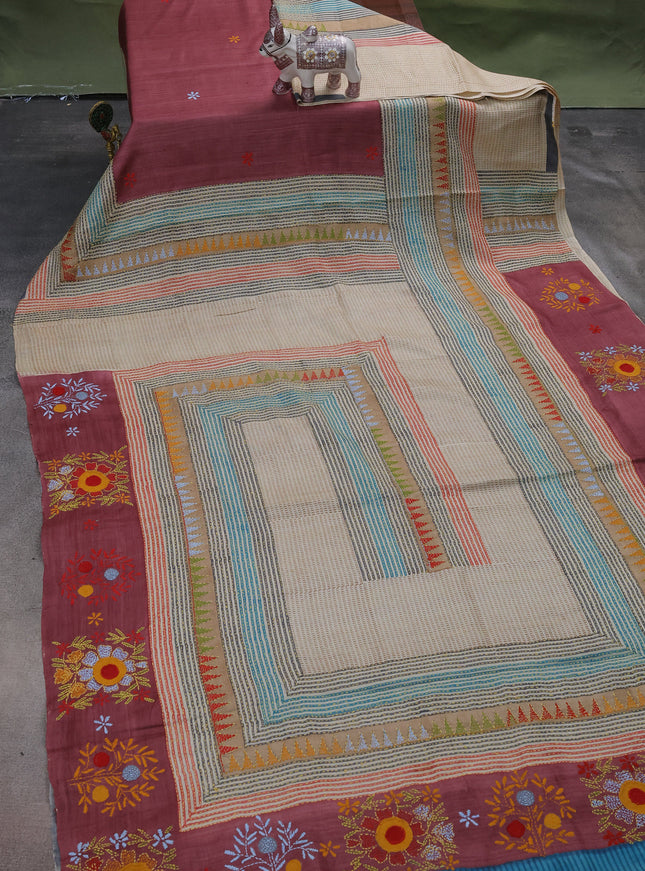 Beige-Maroon Shade Tussar Silk Saree