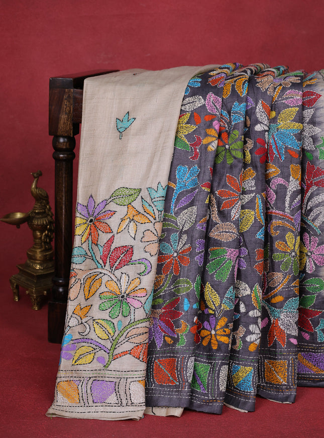 Pastel Grey -Dark Grey Tussar Silk Saree