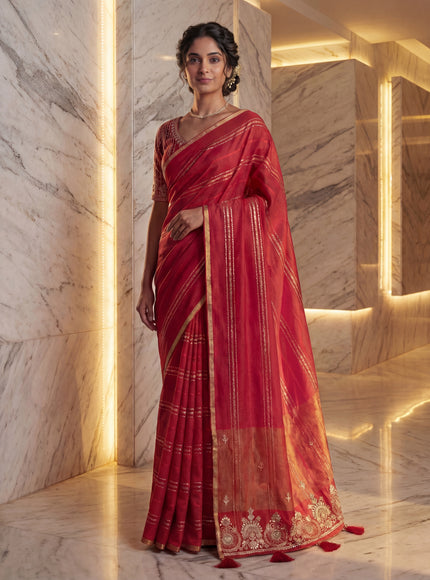 Red Chiniya Silk Saree With Embroidery Readymade Blouse