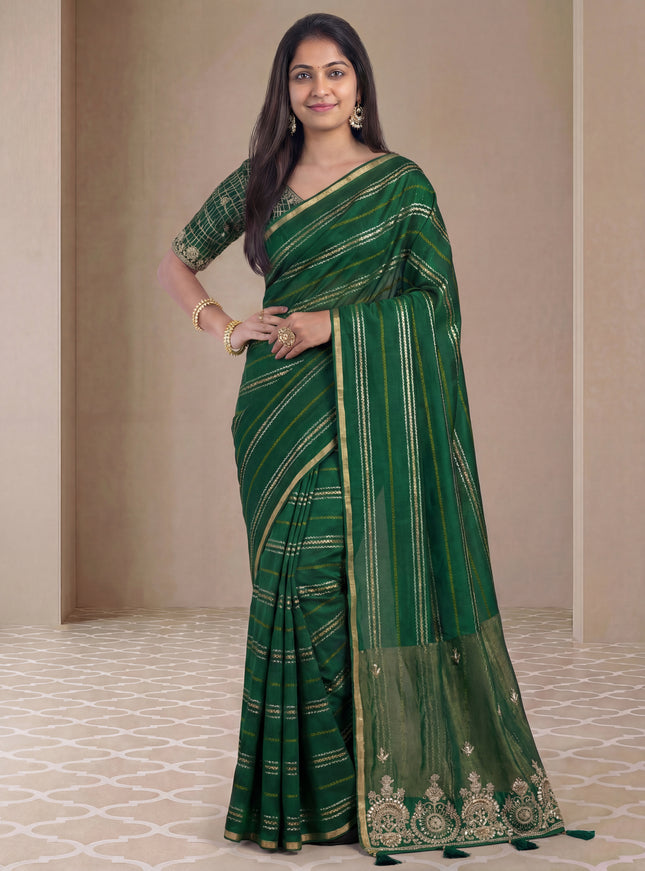Green Chiniya Silk Saree With Embroidery Readymade Blouse