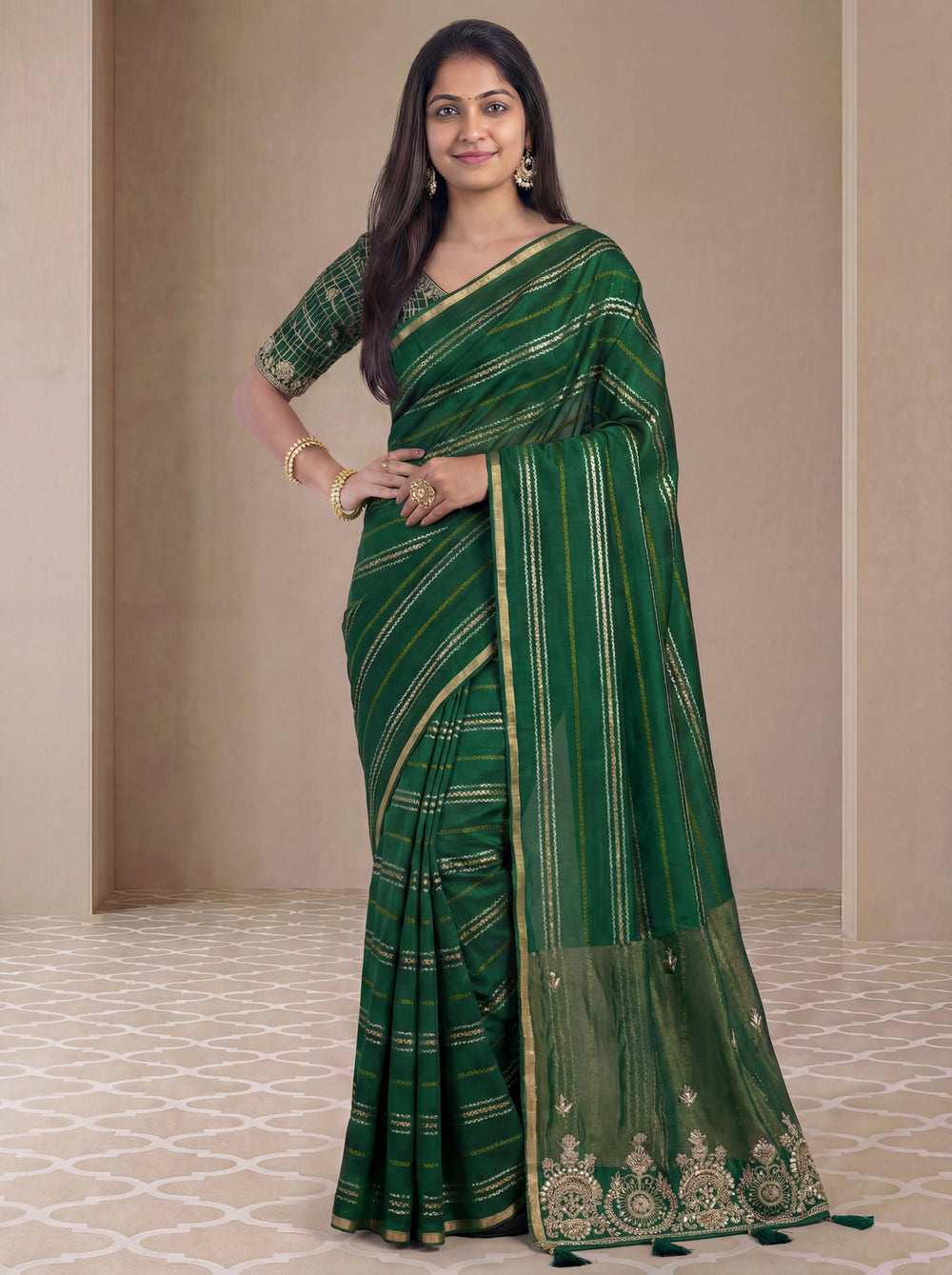 Green Chiniya Silk Saree With Embroidery Readymade Blouse