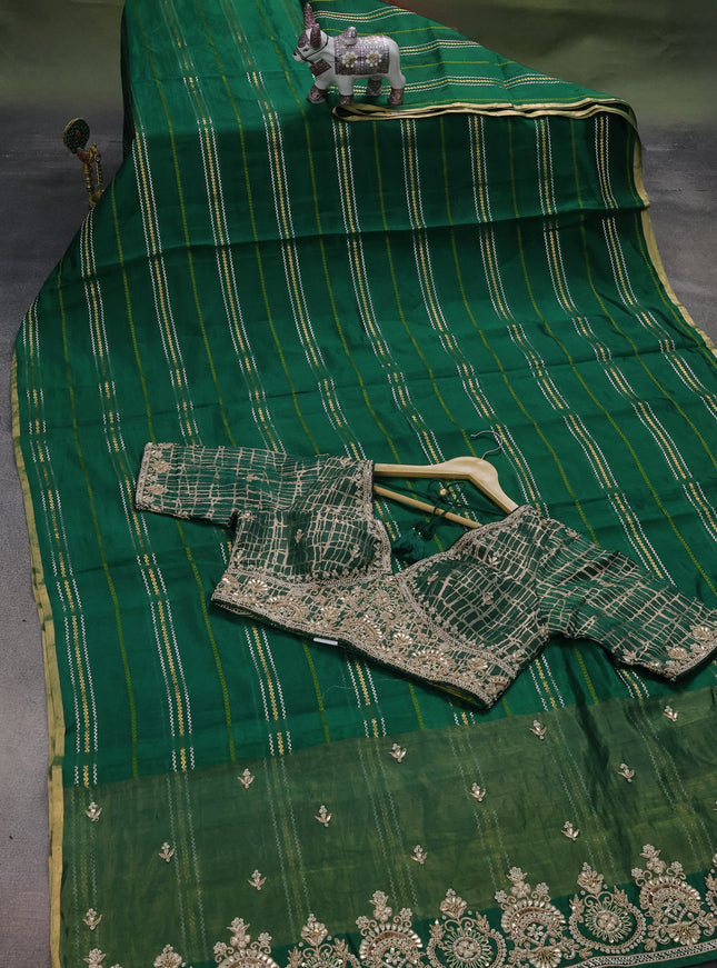 Green Chiniya Silk Saree With Embroidery Readymade Blouse