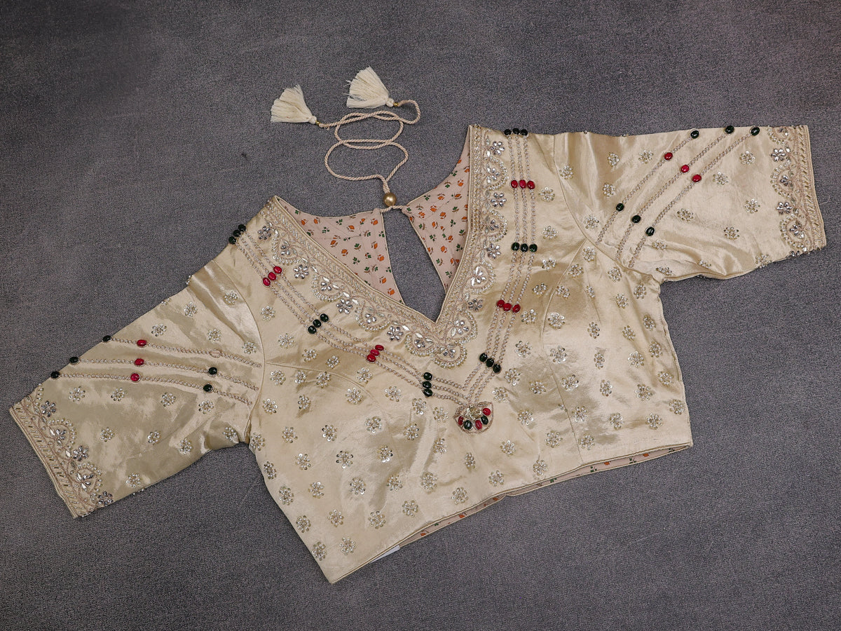 Beige Banarasi Silk Saree With Embroidery Readymade Blouse