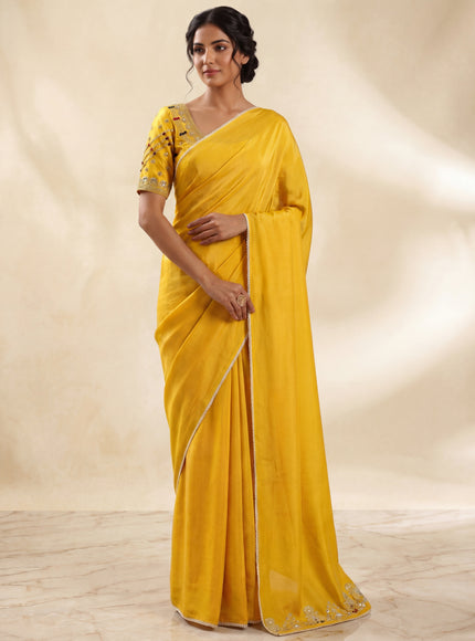 Yellow Banarasi Silk Saree With Embroidery Readymade Blouse