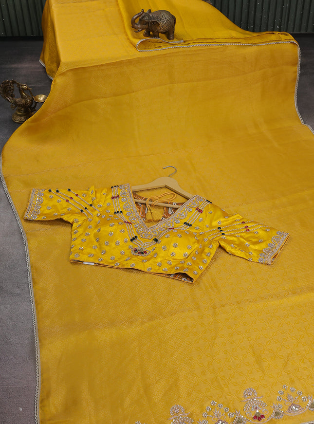Yellow Banarasi Silk Saree With Embroidery Readymade Blouse