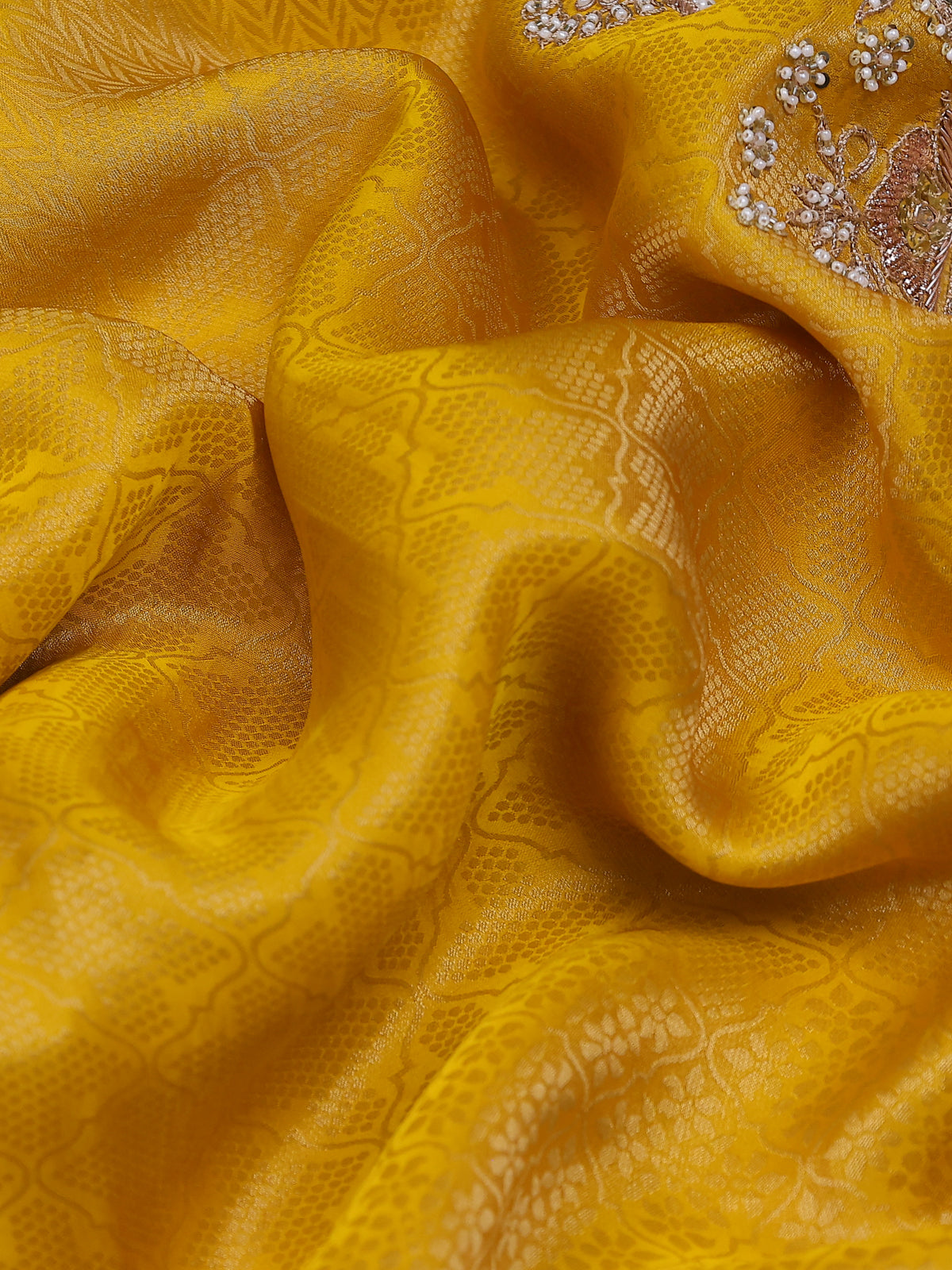 Yellow Banarasi Silk Saree With Embroidery Readymade Blouse