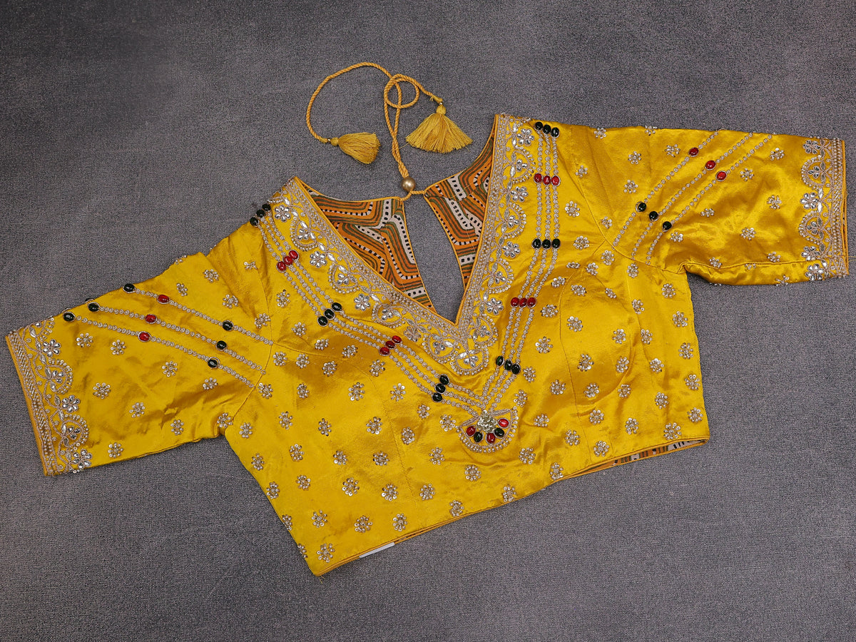 Yellow Banarasi Silk Saree With Embroidery Readymade Blouse