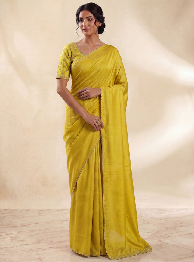 Lime Yellow Banarasi Silk Saree With Embroidery Readymade Blouse