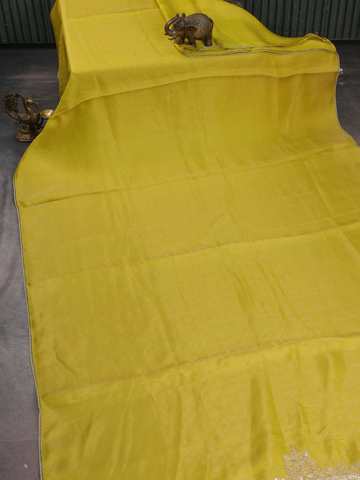 Lime Yellow Banarasi Silk Saree With Embroidery Readymade Blouse