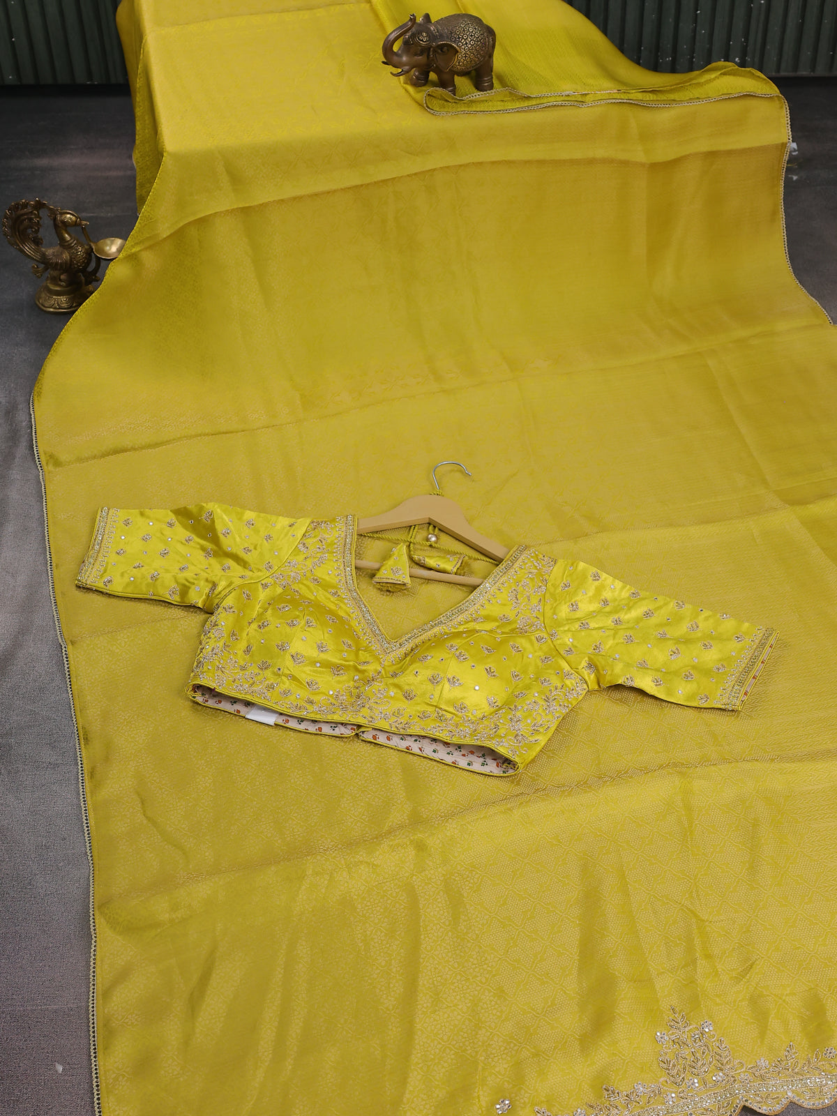 Lime Yellow Banarasi Silk Saree With Embroidery Readymade Blouse