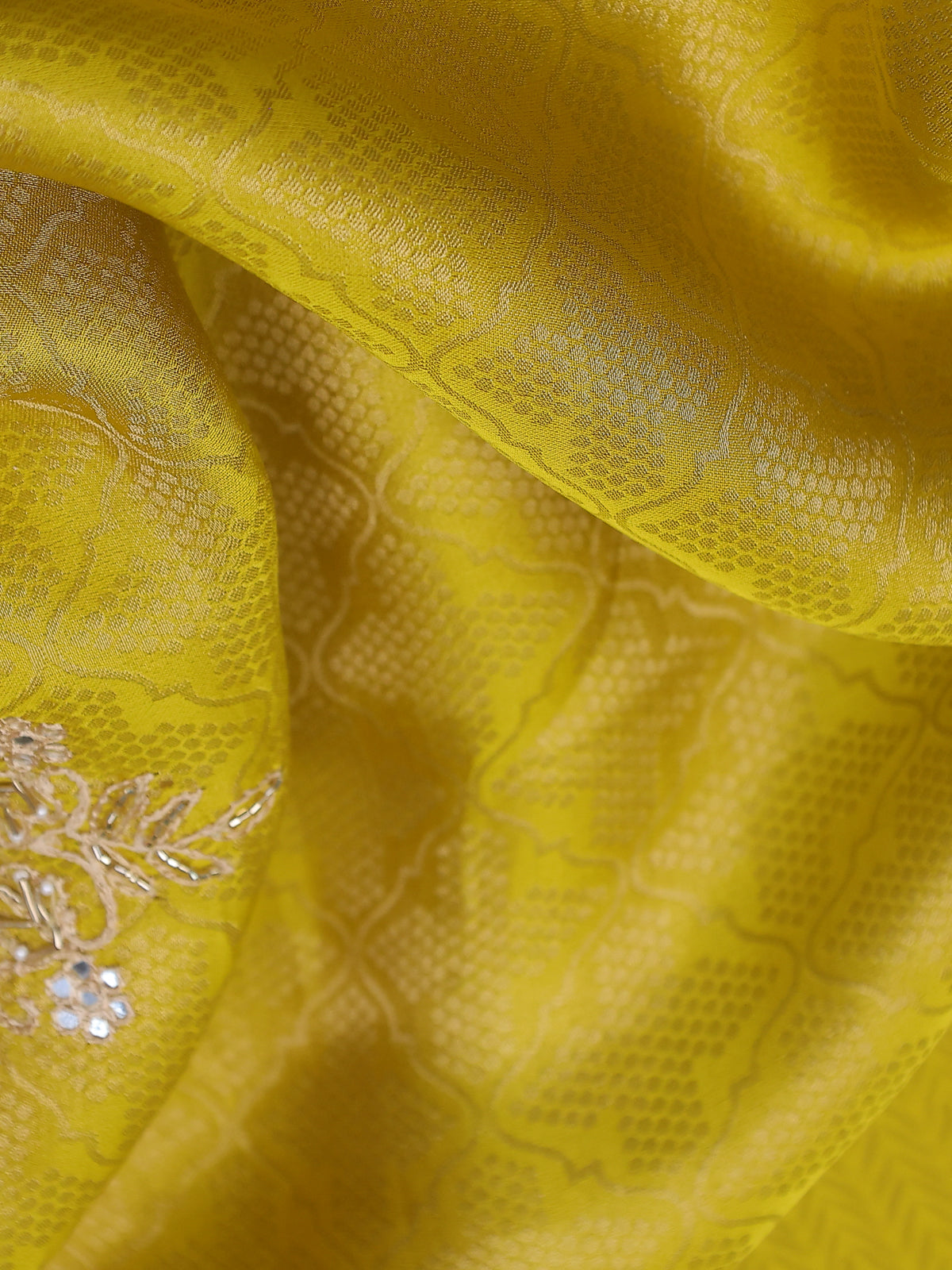 Lime Yellow Banarasi Silk Saree With Embroidery Readymade Blouse