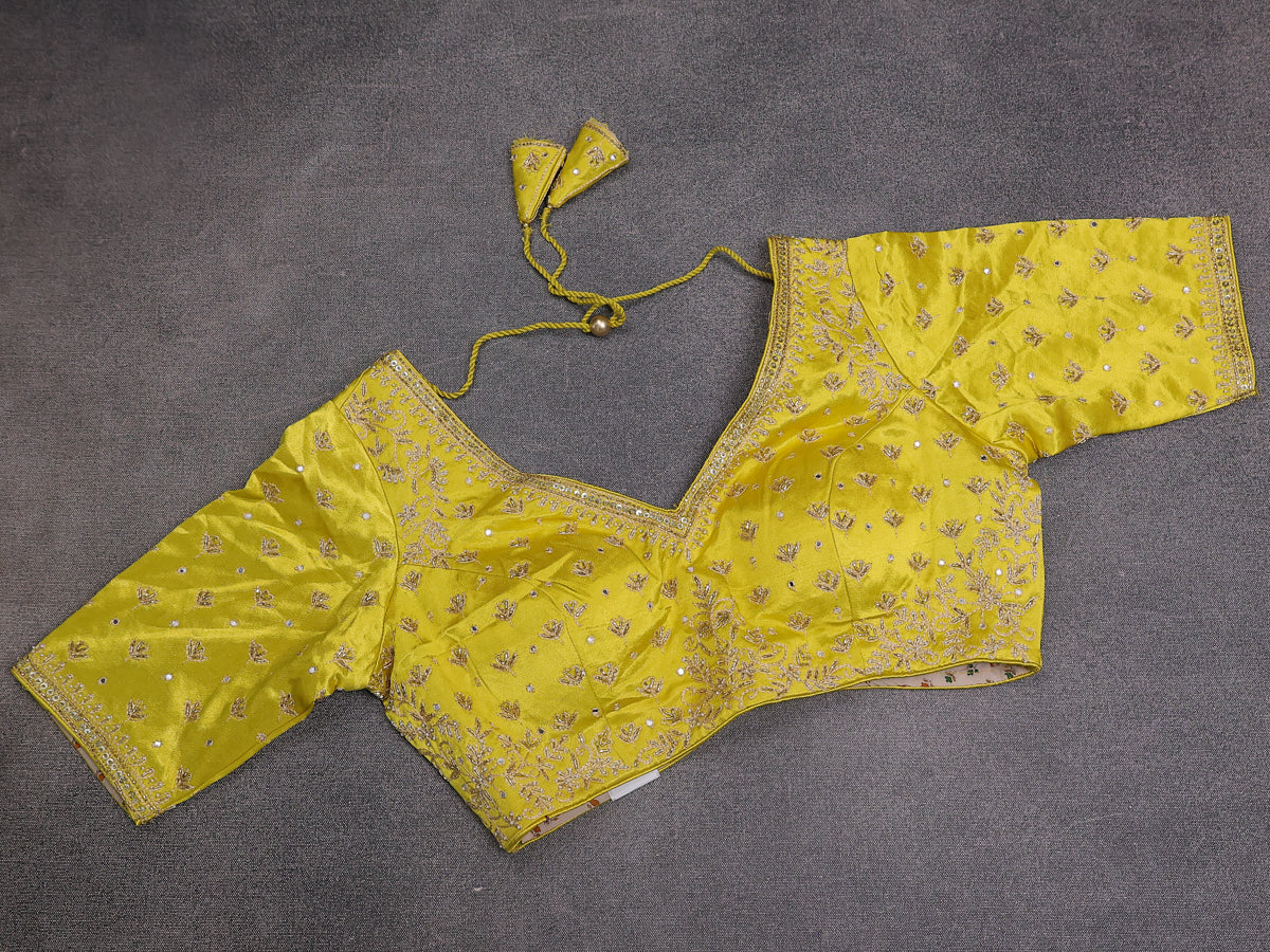 Lime Yellow Banarasi Silk Saree With Embroidery Readymade Blouse