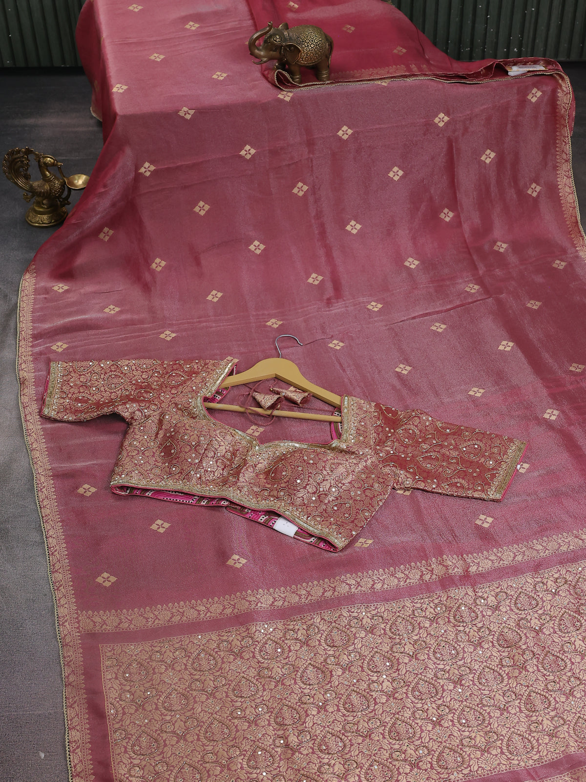 Mauve Pink Tissue Silk Saree With Embroidery Readymade Blouse