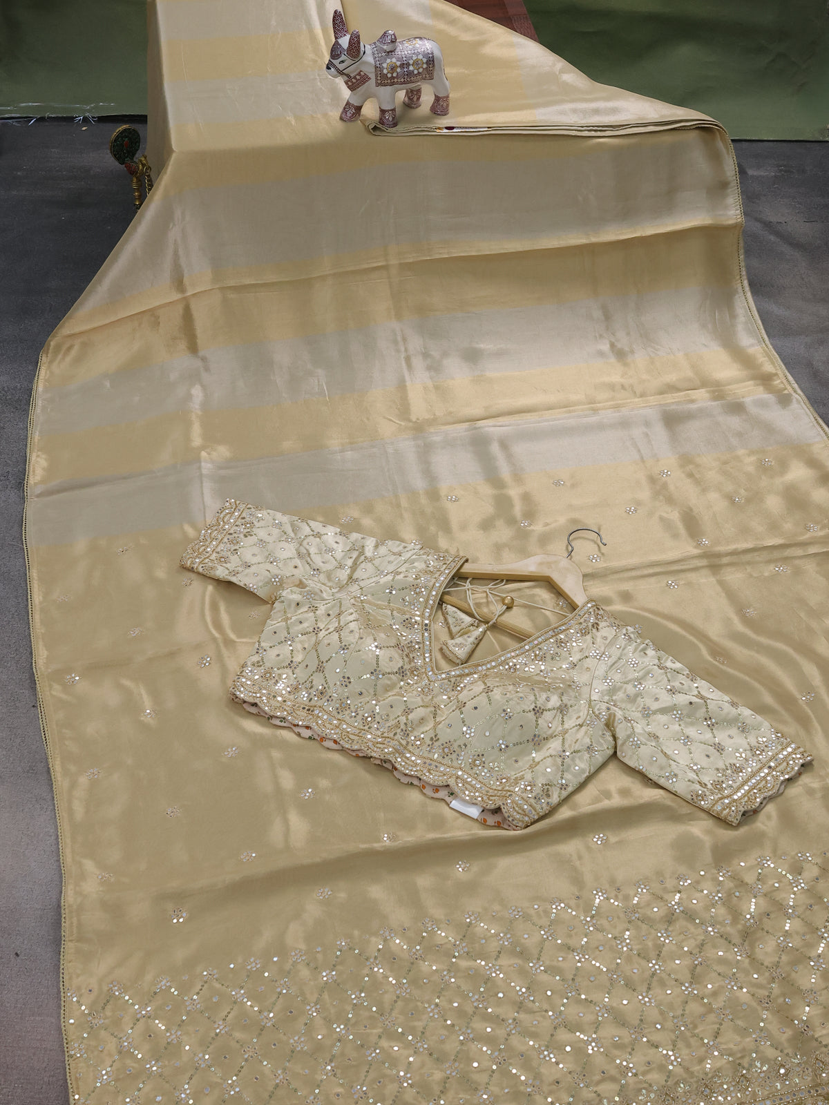 Sandal Tissue Silk Saree With Embroidery Readymade Blouse