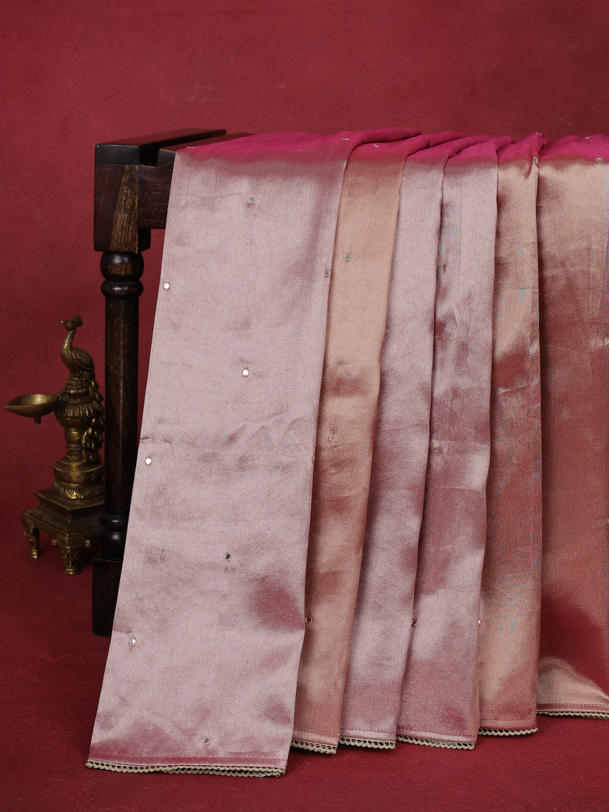 Pink Shade Tissue Silk Saree With Embroidery Readymade Blouse