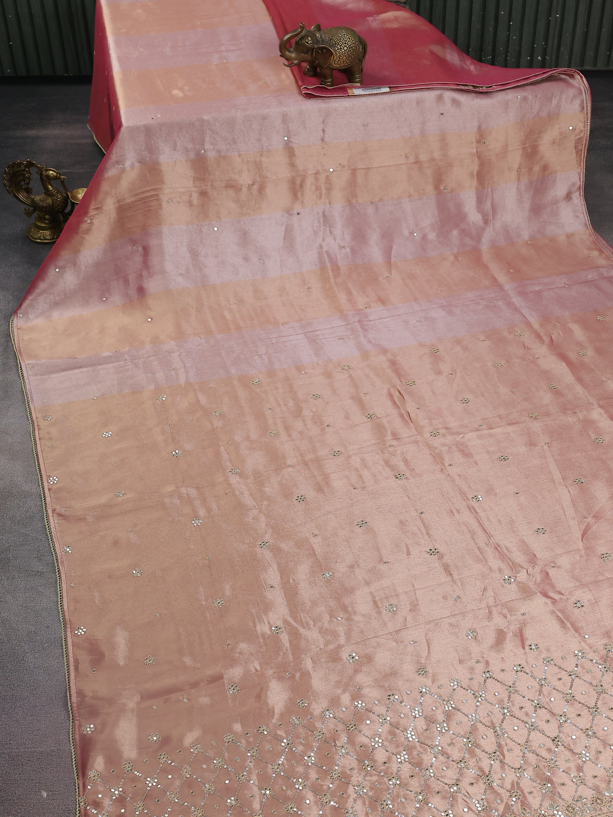 Pink Shade Tissue Silk Saree With Embroidery Readymade Blouse