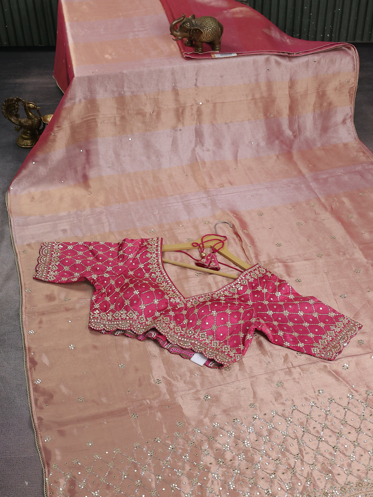 Pink Shade Tissue Silk Saree With Embroidery Readymade Blouse