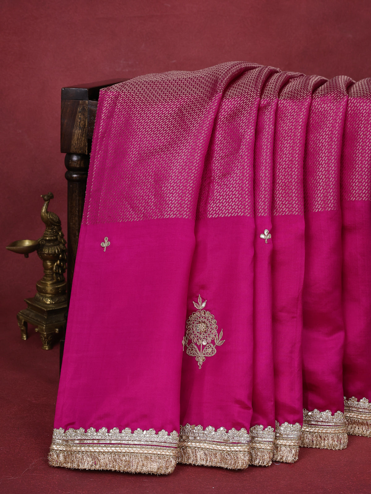 Pink Chiniya Silk Saree With Embroidery Readymade Blouse