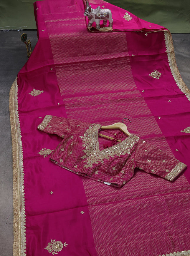Pink Chiniya Silk Saree With Embroidery Readymade Blouse
