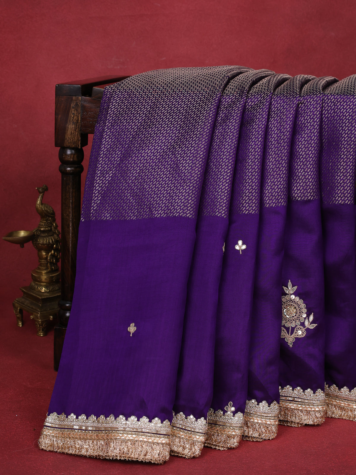 Violet Chiniya Silk Saree With Embroidery Readymade Blouse