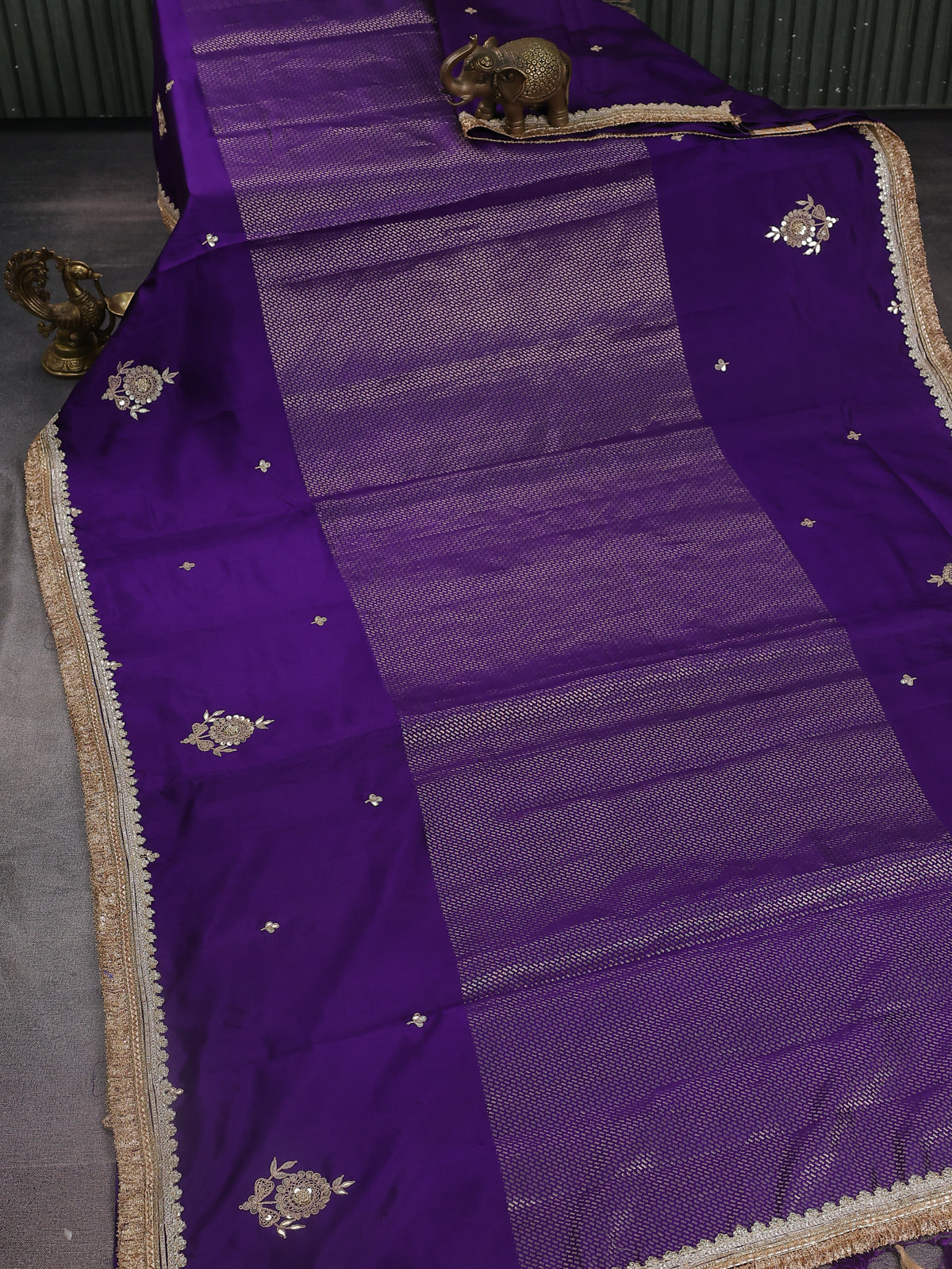 Violet Chiniya Silk Saree With Embroidery Readymade Blouse