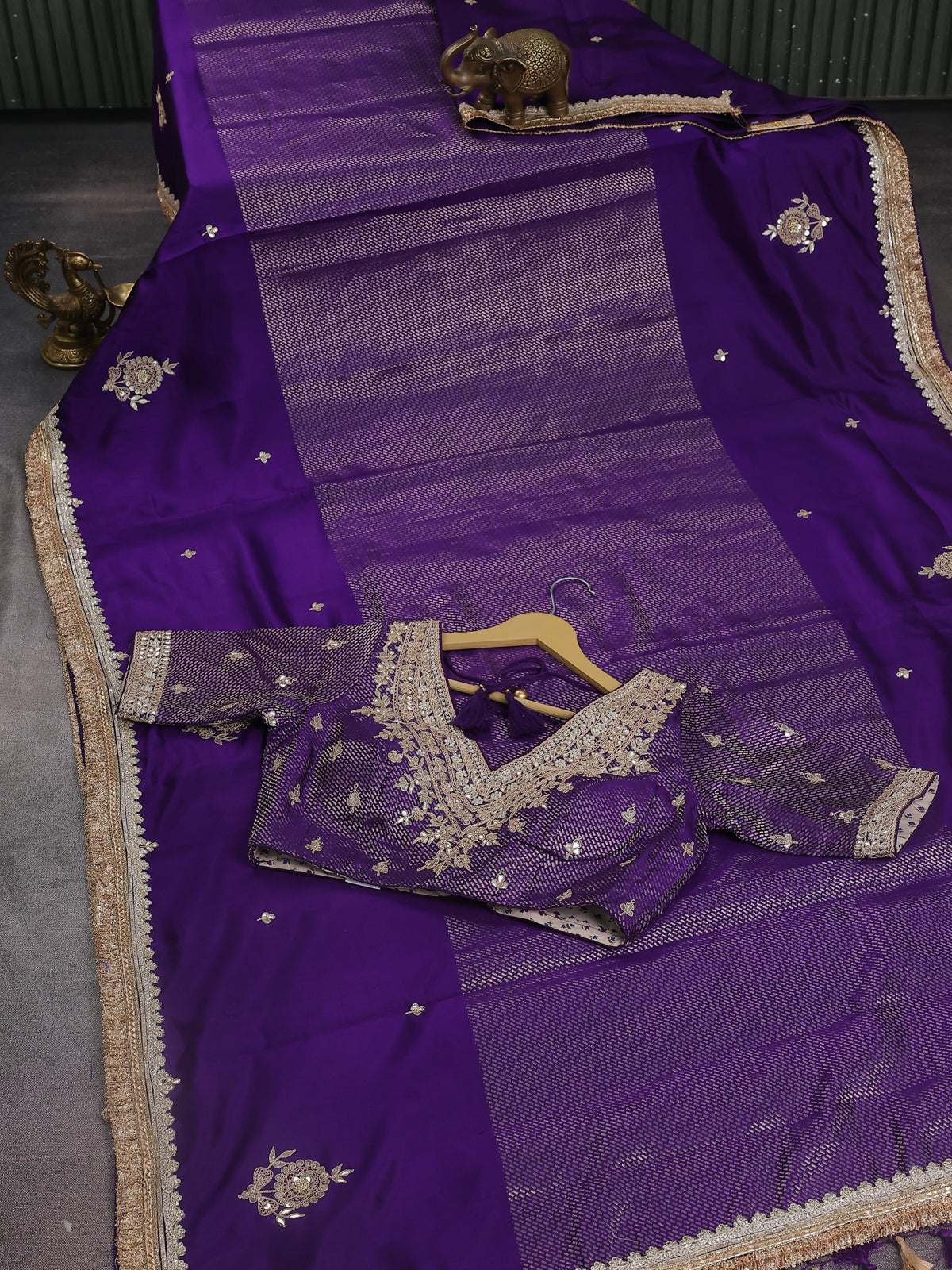 Violet Chiniya Silk Saree With Embroidery Readymade Blouse
