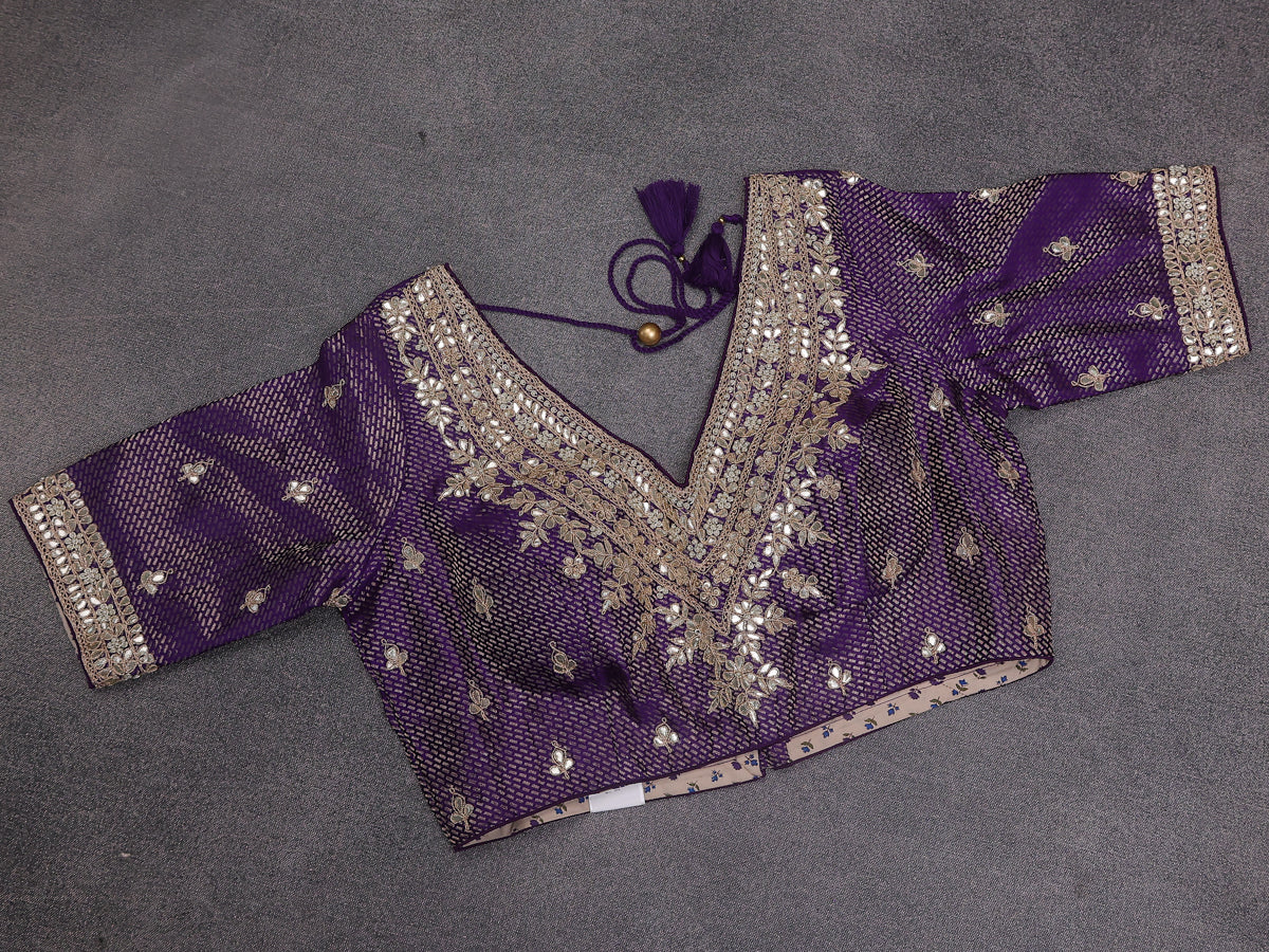Violet Chiniya Silk Saree With Embroidery Readymade Blouse