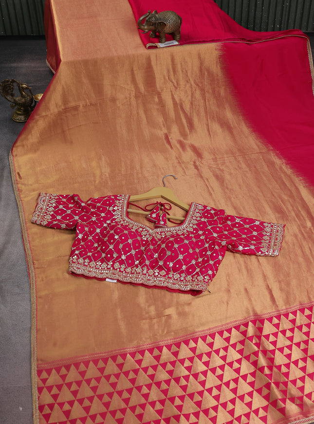 Hot Pink Tissue Silk Saree With Embroidery Readymade Blouse