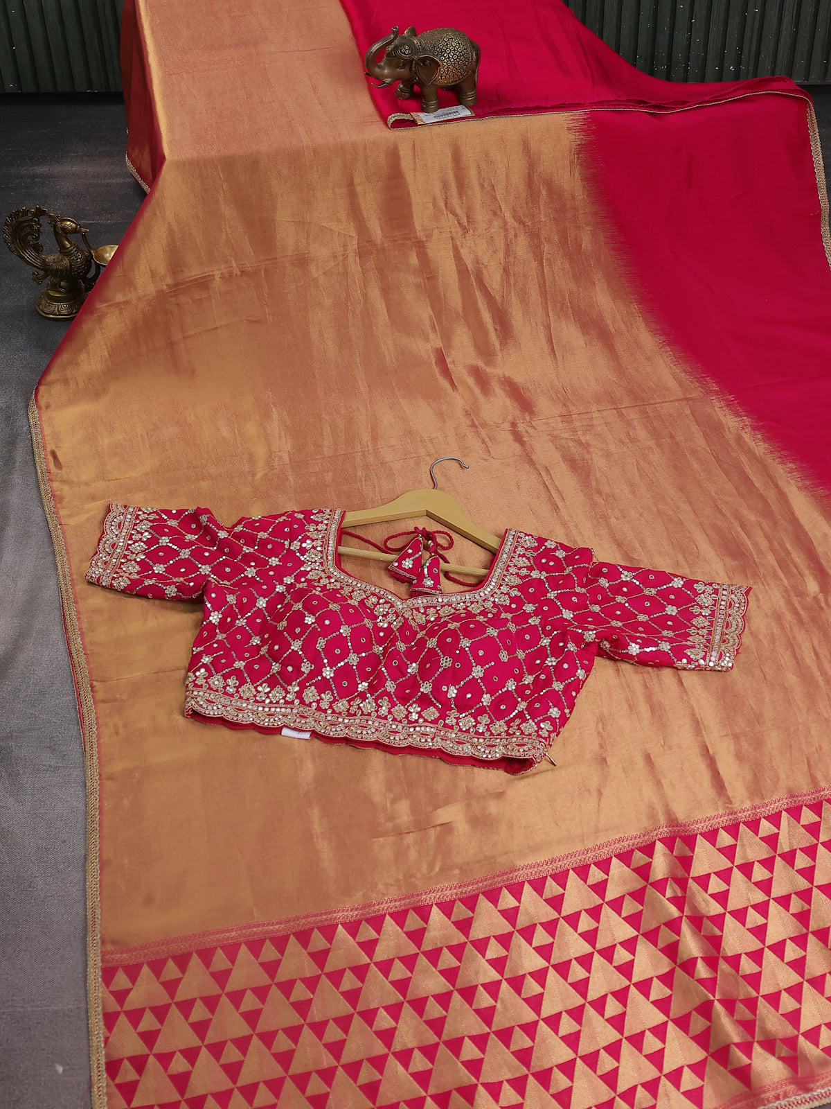 Hot Pink Tissue Silk Saree With Embroidery Readymade Blouse