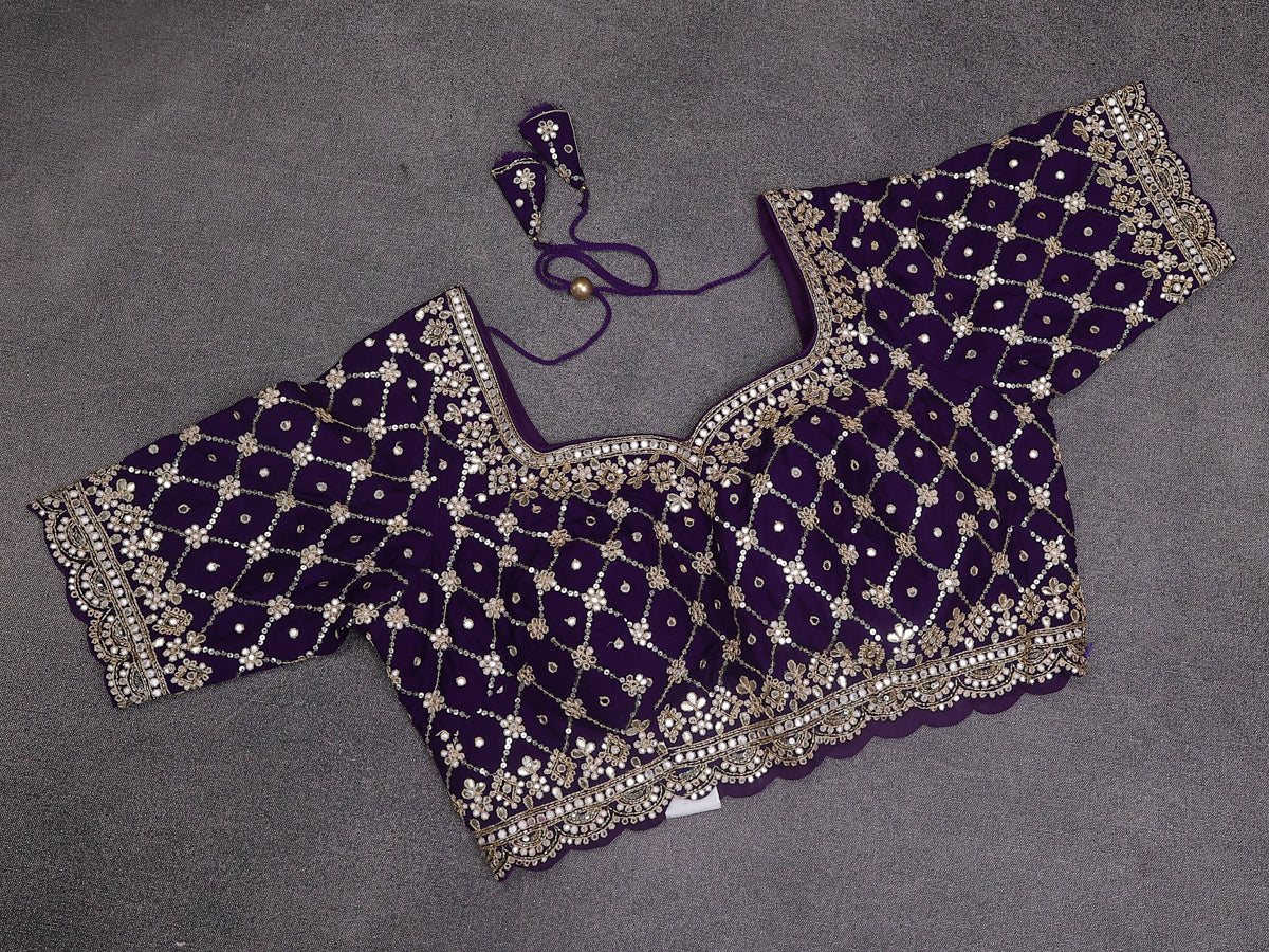 Violet Tissue Silk Saree With Embroidery Readymade Blouse