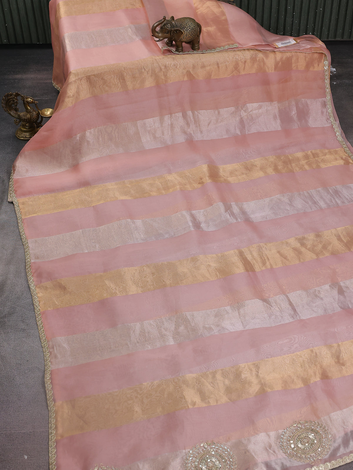 Pastel Peach Tissue Organza Silk Saree With Embroidery Readymade Blouse