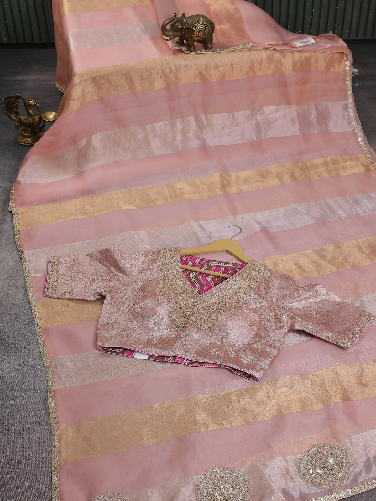 Pastel Peach Tissue Organza Silk Saree With Embroidery Readymade Blouse
