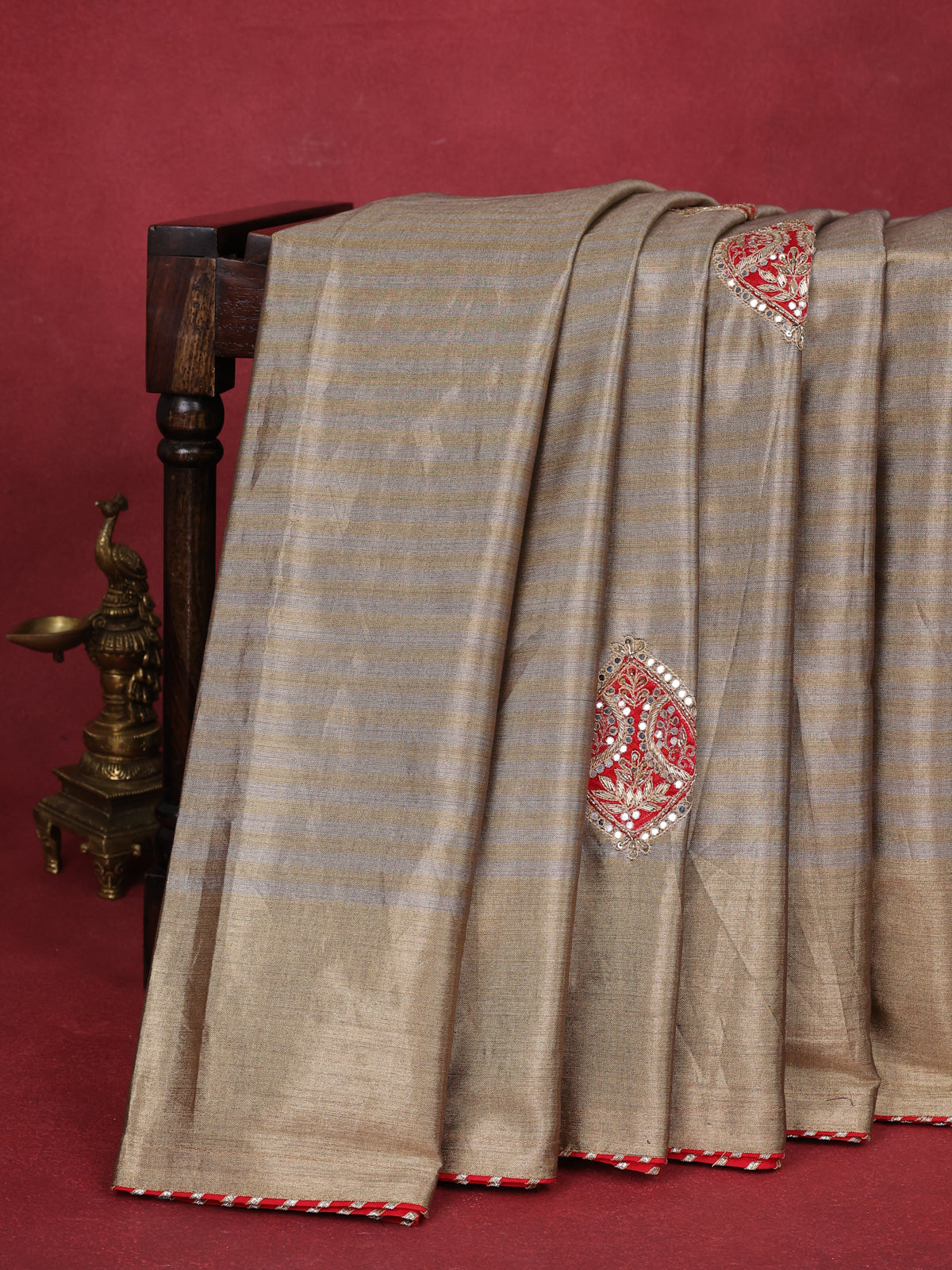 Beige Tissue Saree With Applique Work With Embroidery Readymade Blouse