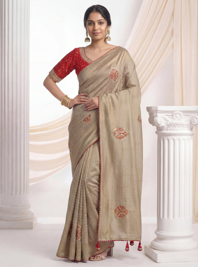 Beige Tissue Saree With Applique Work With Embroidery Readymade Blouse