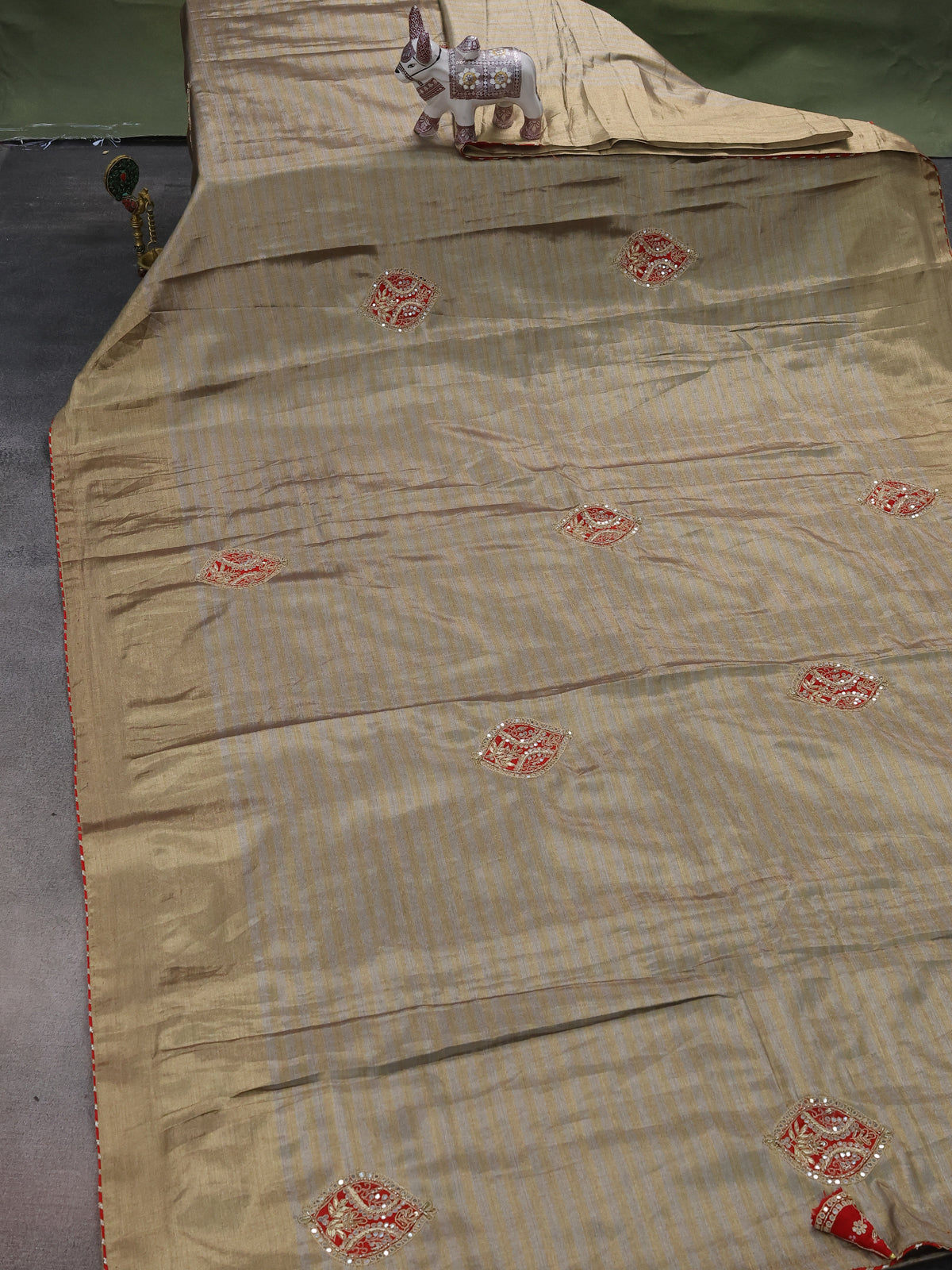 Beige Tissue Saree With Applique Work With Embroidery Readymade Blouse