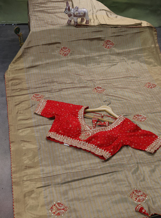 Beige Tissue Saree With Applique Work With Embroidery Readymade Blouse