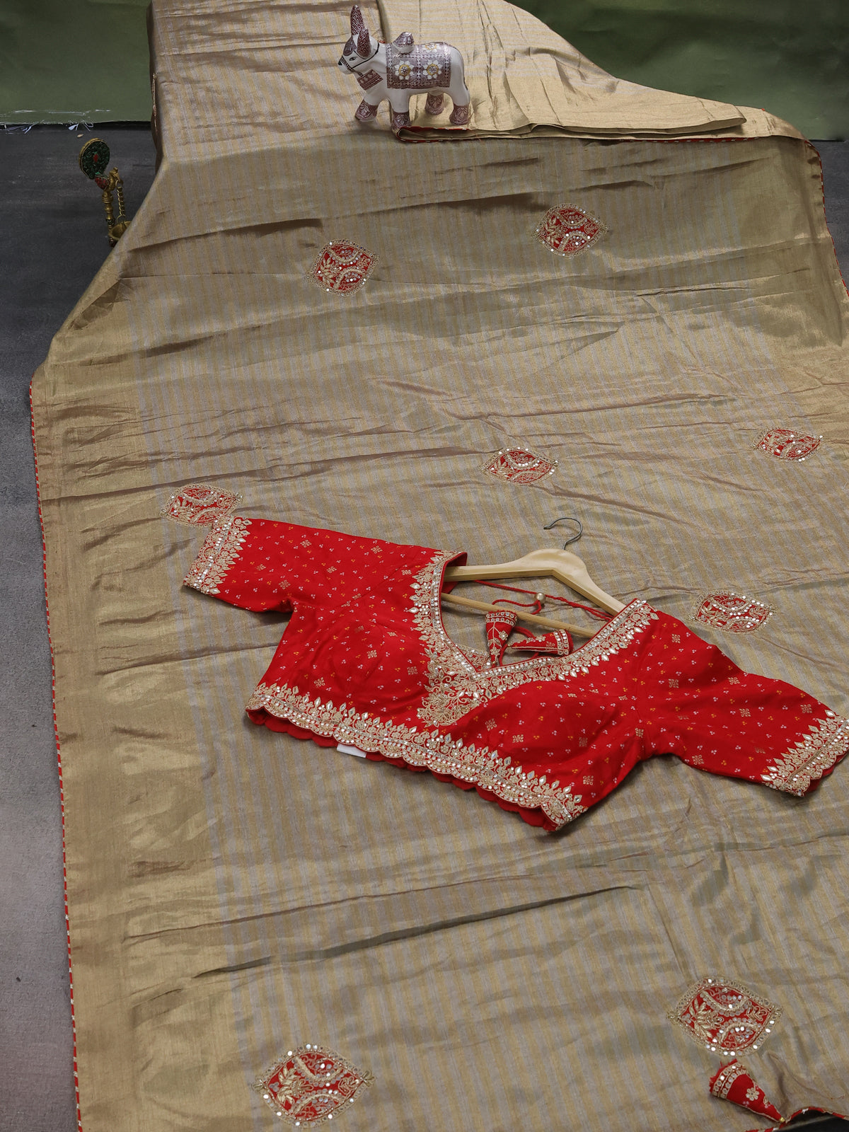 Beige Tissue Saree With Applique Work With Embroidery Readymade Blouse