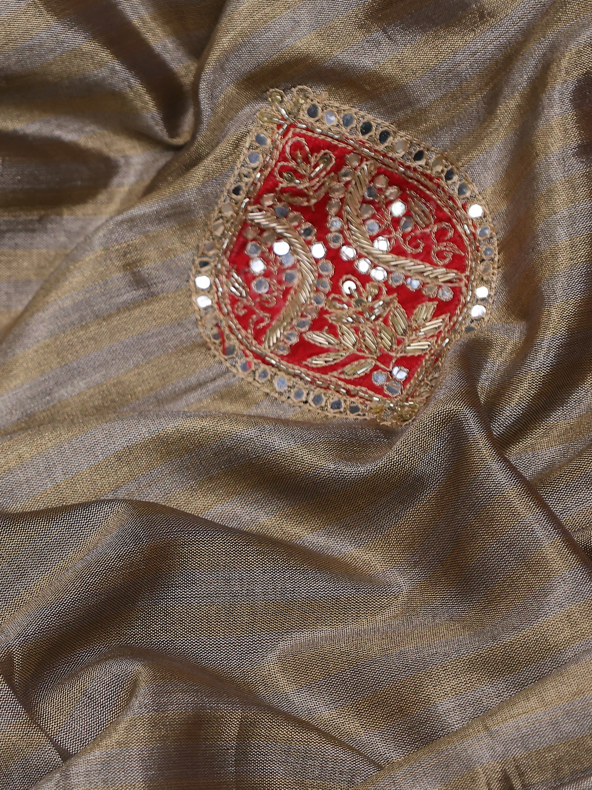 Beige Tissue Saree With Applique Work With Embroidery Readymade Blouse