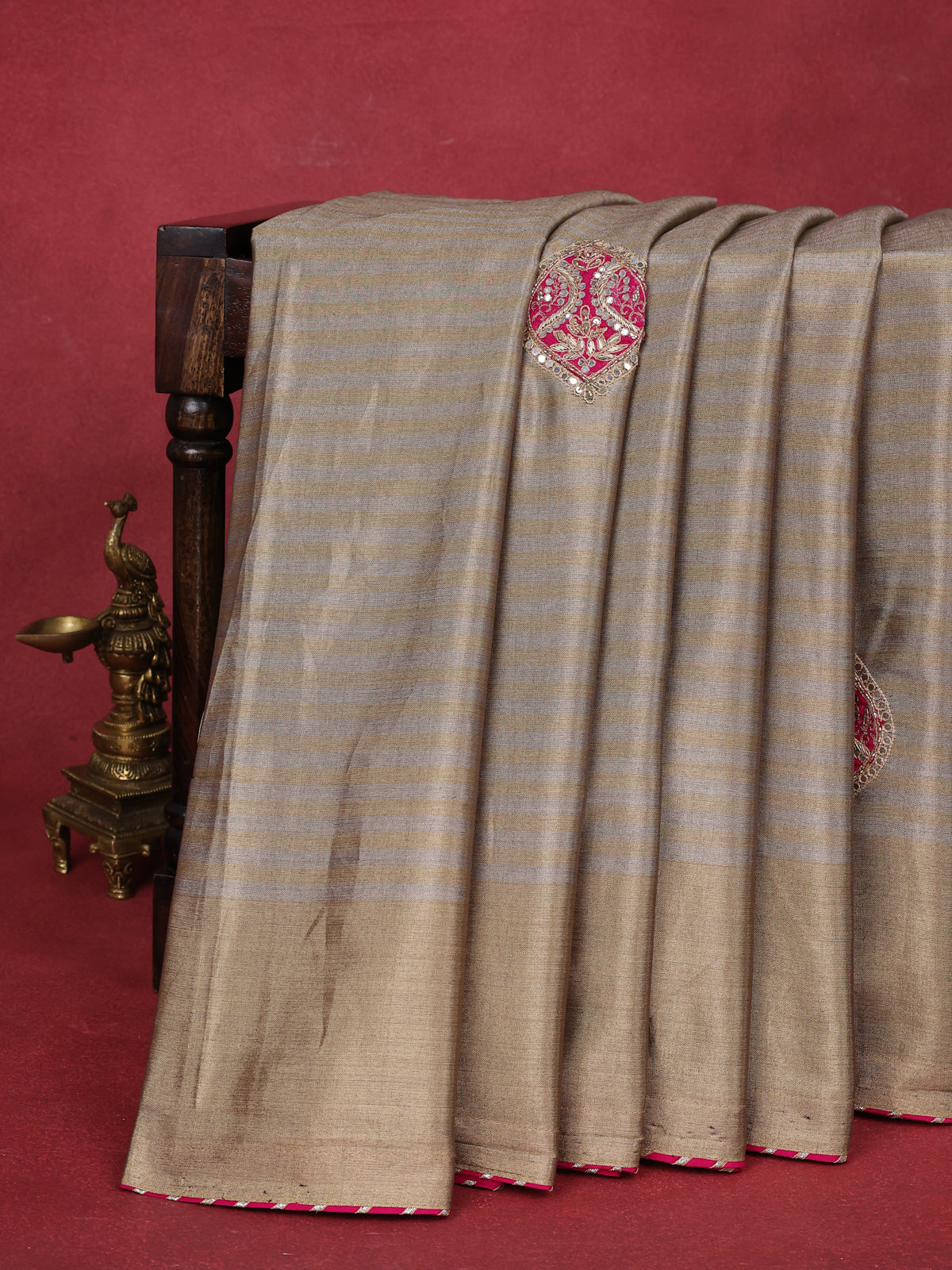 Beige-Pink Tissue Saree With Applique Work With Embroidery Readymade Blouse