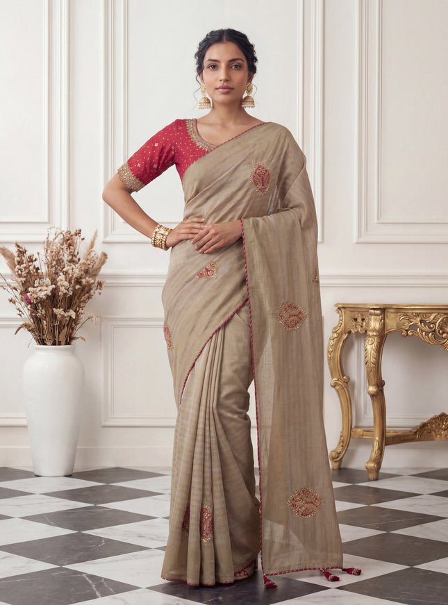 Beige-Pink Tissue Saree With Applique Work With Embroidery Readymade Blouse