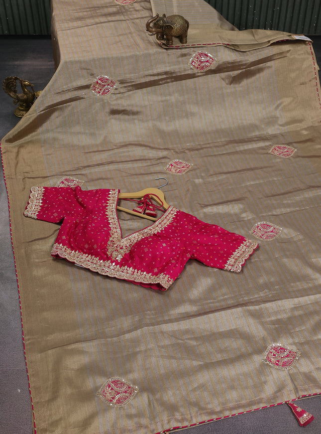 Beige-Pink Tissue Saree With Applique Work With Embroidery Readymade Blouse