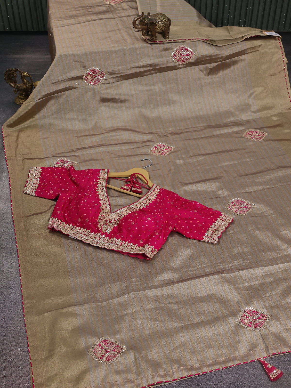 Beige-Pink Tissue Saree With Applique Work With Embroidery Readymade Blouse