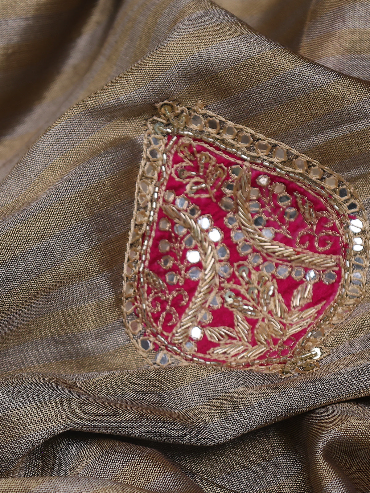 Beige-Pink Tissue Saree With Applique Work With Embroidery Readymade Blouse