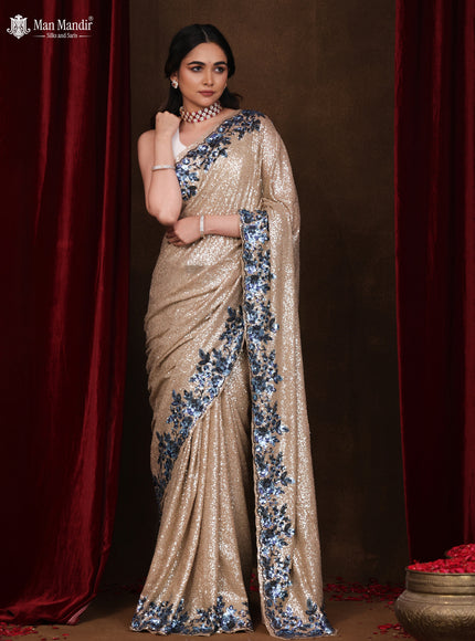 Beige Sequin Embroidered Georgette Designer Saree