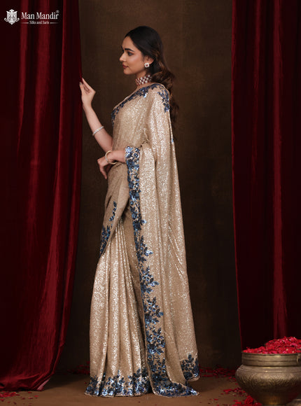 Beige Sequin Embroidered Georgette Designer Saree